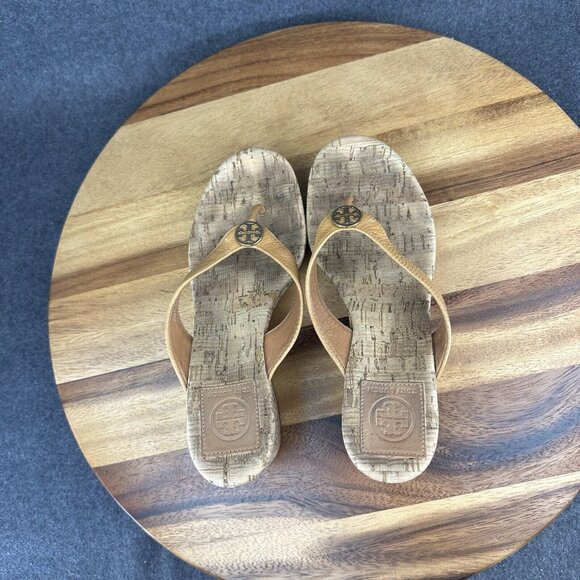 Tory Burch Brown Cork Wedge Heel Thong Sandals Logo Women's 6.5M - Picture 8 of 12
